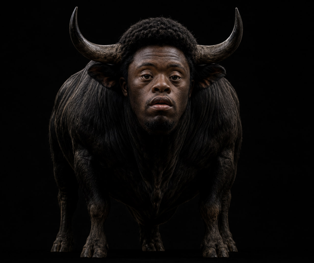 DOWNSEM — a massive dark bull with a human face and large horns, staring straight ahead